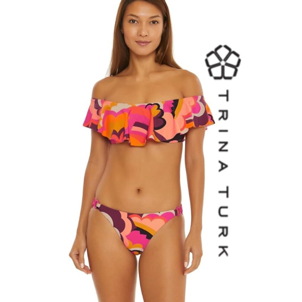 NWT Trina Turk 2 PC 'Fan Faire' Ring-Side Hipster Bikini & Bandeau Top SZ 8